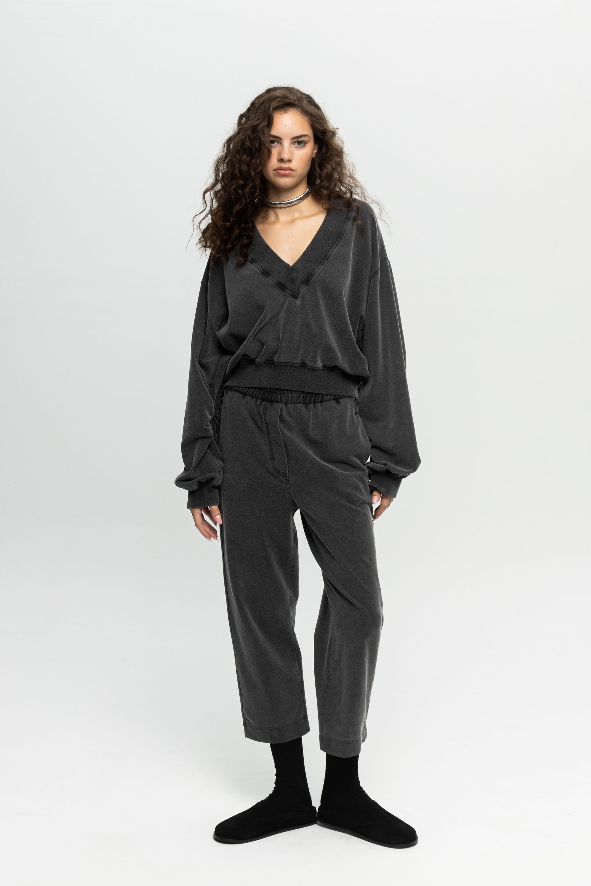 Casual V-Neck Sweater-Black and Black